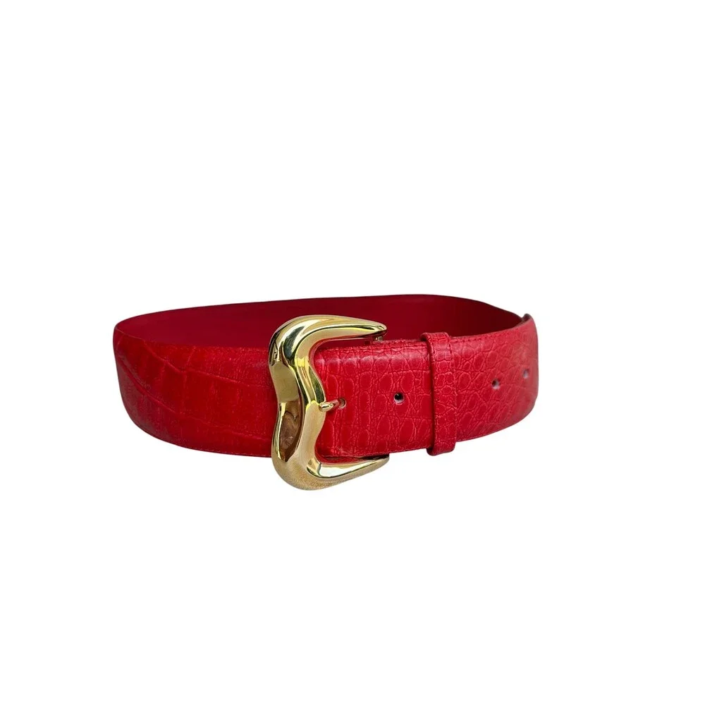 Vintage Milor Red Embossed Leather Belt, Big Gold Buckle, Size Small 32